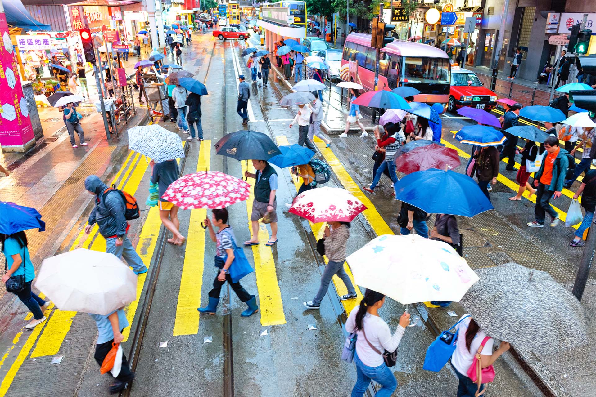 Busy Hong Kong street with pedestrians and umbrellas, illustrating one of the 10 reasons to live and work in Hong Kong: its vibrant and high-energy urban lifestyle.